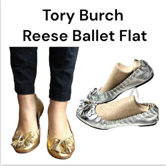 Tory Burch Reese Metallic Silver Leather Scrunch Tassel Ballet Flats Size 7 - Picture 1 of 16